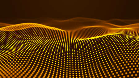 Abstract dynamic wave of particles. Network of bright points or dots. Big data. Digital background.