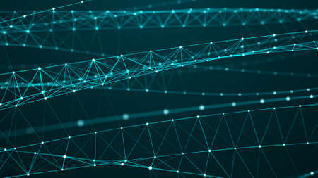 DNA twisted structure. Network of dots connected by lines. Molecular abstract background. Big data visualization. Wave of bright particles. Sound wave. 3d rendering.の写真素材