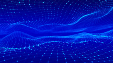 Network of bright connected dots and lines. Wave of gradient dots on black background. Abstract...