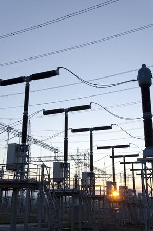 Electric power transmission lines, High voltage power transformer substationの写真素材