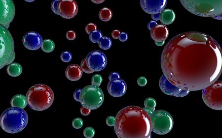 Mirror spheres on a black background in flightの写真素材