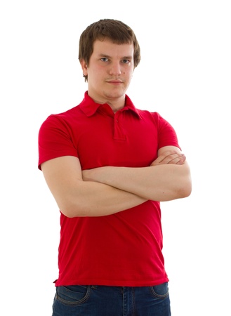 A man in a red shirt isolated on white backgroundの写真素材
