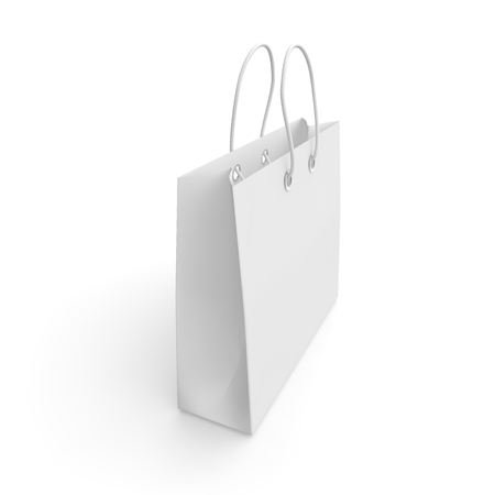 Blank white package with handles small size for goods and products. Isolated white background. 3D illustrationの写真素材