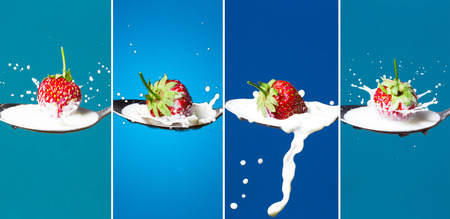Collage of high-speed photos of falling strawberries in a spoon with milk on a blue backgroundの写真素材