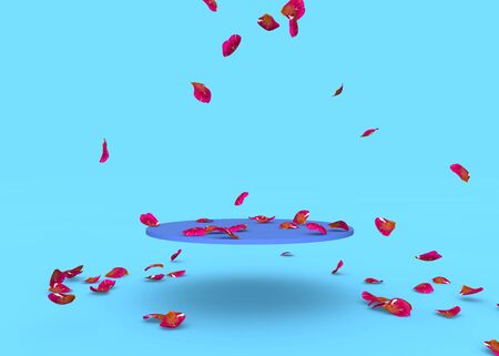 Red rose petals fall on the stand on a blue background. Free space on the stand for your design. 3D illustrationの写真素材