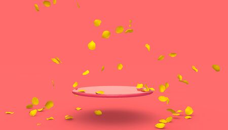 Red rose petals fall on the stand on a red background. Free space on the stand for your design. 3D illustrationの写真素材
