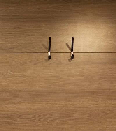 Two hangers on the wooden wall. There is room for your designの写真素材