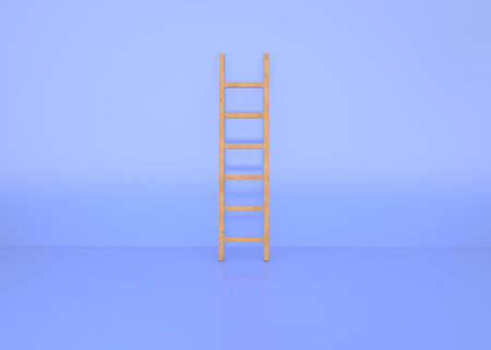 The staircase in the blue room stands on the floor and leans against the wall. 3D illustrationの写真素材