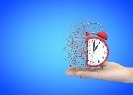 Alarm clock red on a blue background explodes in the girl's hands. 3D illustration