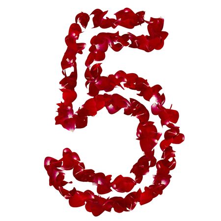 The number "5" is made of red rose petals. Isolated white backgroundの写真素材