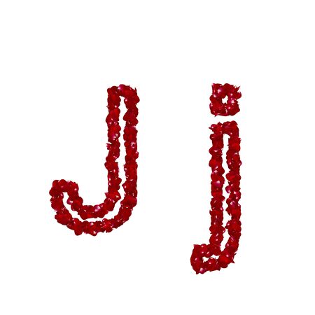 The letter "J" is made of red rose petals. Isolated white backgroundの写真素材