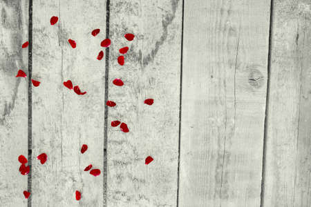 Red rose petals fall on the board. Wooden gray background. Festive blank for your designの写真素材