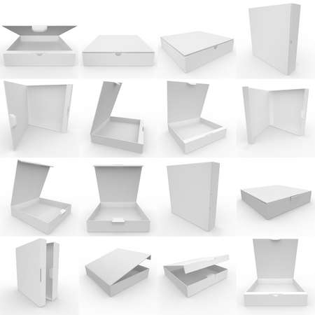 Large collection of cardboard empty boxes for your design. 3D illustration. White isolated backgroundの写真素材