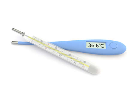 Digital and mercury thermometers show a temperature of 36.6 Celsius. White isolated background. 3D...