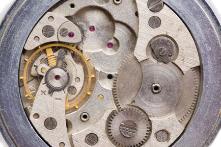 The clock mechanism in the macroscale. Old clock in close-up