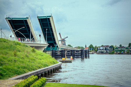 two drawbridges across the River in summerの写真素材