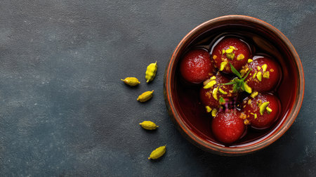 A vibrant close-up of Gulab Jamun, a traditional Indian sweet, served in a bowl, beautifully garnished with pistachios and cardamom, perfect for festive occasions.の素材