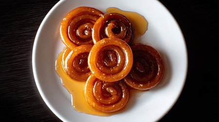 A beautiful presentation of a spiral dessert drizzled with sweet syrup, showcasing glistening details against a dark background. Perfect for food lovers!の素材