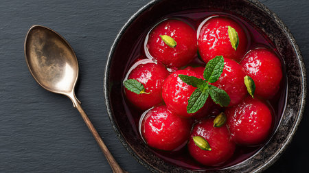Delight in the vibrant and refreshing look of watermelon balls served in syrup, garnished with mint and spices. Perfect for summer treats.の素材