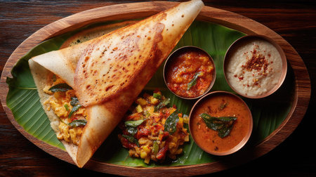This image showcases a traditional South Indian meal featuring dosa served with sambar, coconut chutney, and mixed vegetable curry on a banana leaf.の素材