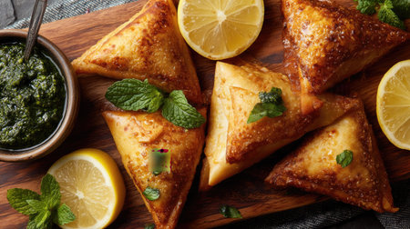 A stunning arrangement of golden pastries served with vibrant lemon slices and fresh mint sauce on a rustic wooden board, showcasing delicious flavors.の素材