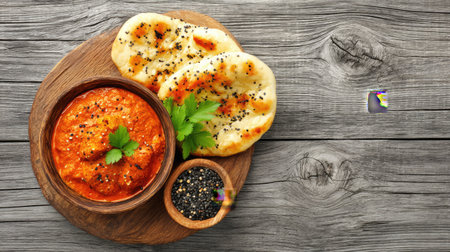 Indulge in a delightful combination of traditional Indian flatbread served alongside a vibrant tomato dip. Perfect for sharing, this rustic presentation invites culinary exploration and appreciation of Indian flavors.の素材