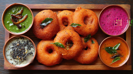 Enjoy a vibrant display of crispy South Indian vadas paired with a variety of colorful dips. This traditional meal offers a delightful taste experience.の素材