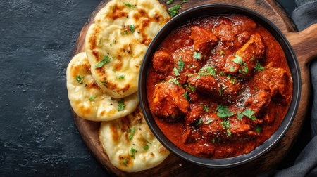 Indulge in a delightful experience with this aromatic chicken curry, perfectly paired with soft naan. Rich flavors and vibrant colors create a tempting dish ideal for food lovers.の素材