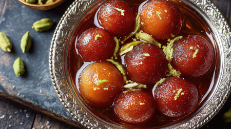 Enjoy the rich flavors of gulab jamun, a popular Indian dessert soaked in syrup and garnished with cardamom, perfect for festive celebrations.の素材