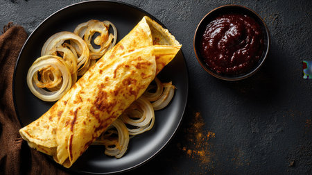 A visually appealing Indian pancake served with sliced onions and a rich spicy sauce, set against a dark background, perfect for food enthusiasts.の素材