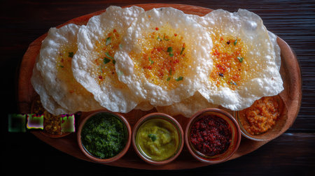 A stunning display of crispy papadums accompanied by a vibrant selection of dips. This traditional Indian appetizer showcases flavors and textures, perfect for sharing.の素材