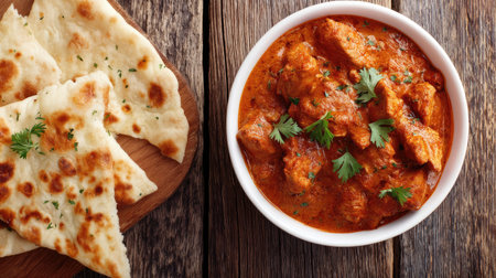 A visually appealing bowl of rich chicken curry served with freshly baked flatbread on a rustic wooden table, showcasing vibrant colors and textures.の素材