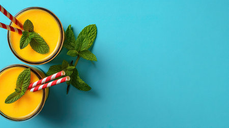 Two refreshing mango smoothies topped with mint leaves and striped straws sit against a bright blue background, evoking a vibrant summer vibe.の素材