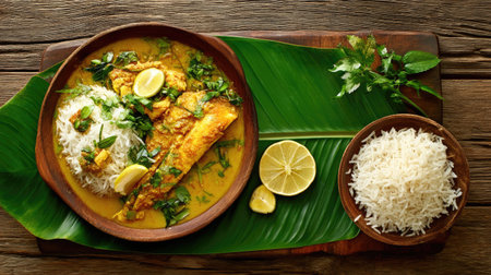 Experience the vibrant flavors of a beautifully presented fish curry dish, served with fragrant rice and fresh herbs, perfect for a delightful meal setting.の素材