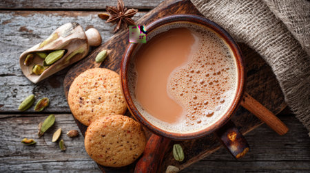 A cozy setting featuring a warm cup of spiced chai tea beside homemade cookies on a rustic wooden table. Aromatic spices enhance comfort.の素材