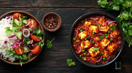 A beautifully arranged vegetarian meal featuring fluffy rice, a vibrant salad, and a rich curry dish, ideal for health-conscious food lovers.の素材