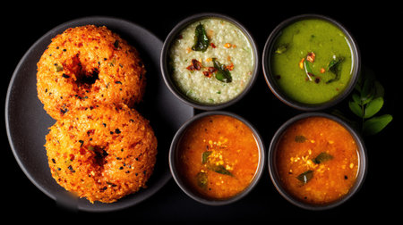 Explore the vibrant world of South Indian cuisine with crispy idli and an assortment of delicious dips. Ideal for food lovers and culinary enthusiasts!の素材