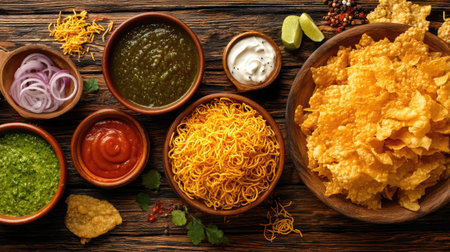 A delightful arrangement of various Indian snacks featuring crispy chips, flavorful sauces, fresh onions, and lime served on a rustic wooden table, perfect for parties.の素材