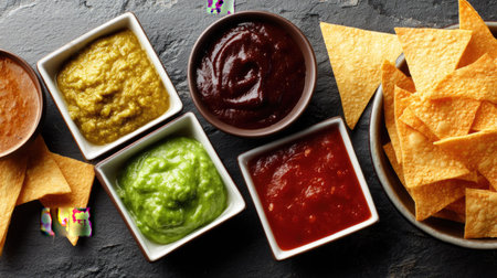 A delightful assortment of bright dips including salsa, guacamole, and savory spreads, accompanied by crispy tortilla chips. Perfect for gatherings!の素材