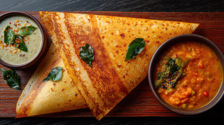 A visually appealing South Indian meal features crispy dosas served alongside two chutneys and a rich sambar, showcasing vibrant colors and textures.の素材