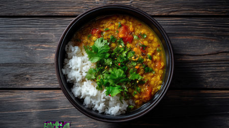 A vibrant bowl of lentil curry served with fluffy steamed rice showcases a delightful mix of fresh vegetables and herbs, perfect for a healthy meal.の素材