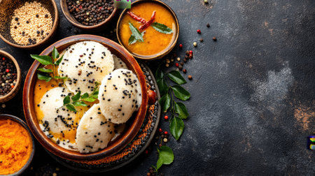 Discover the essence of South Indian cuisine with a colorful arrangement of idli and sambar served in a traditional bowl surrounded by fresh spices.の素材