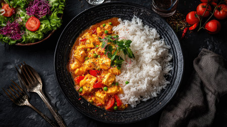 A vibrant bowl of chicken curry paired with fluffy rice and a colorful salad, perfect for showcasing culinary artistry and flavor diversity.の素材