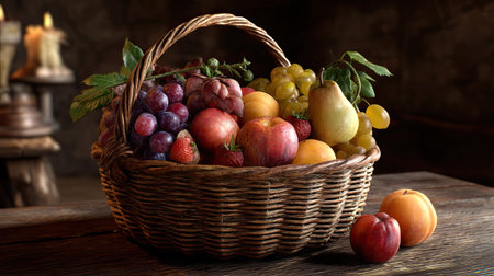 A beautifully arranged basket filled with a variety of fresh fruits including apples, pears, and grapes, set in a warm, rustic environment.の素材