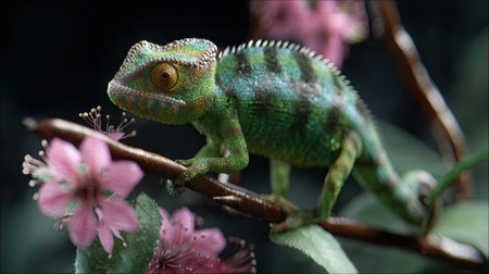 A vibrant green chameleon delicately perched on a branch, surrounded by beautiful pink flowers, showcasing the stunning details of its colorful skin and natural habitat.の素材