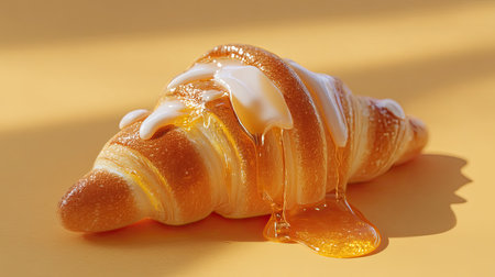 A beautifully styled croissant topped with honey and cream, set against a cheerful yellow background, perfect for breakfast or dessert photography.の素材