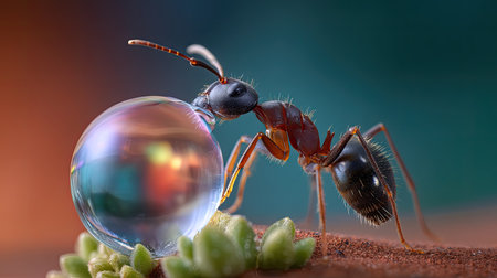 A stunning close-up of an ant interacting with a water droplet on a leaf, showcasing intricate details of the insect and its environment in vibrant colors.の素材