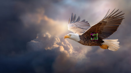 A stunning bald eagle glides gracefully through a dramatic sky filled with clouds. This captivating scene showcases the beauty of wildlife in its natural habitat.の素材