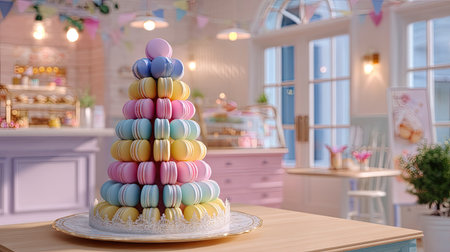 A beautiful display of a colorful macaron tower creates a cheerful atmosphere in a bright bakery, perfect for celebrations and sweet indulgence.の素材