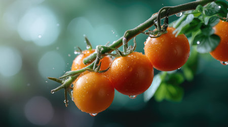 Lush cherry tomatoes glistening with water droplets adorn a verdant vine, showcasing freshness and vitality in natural light for a delightful culinary visual.の素材